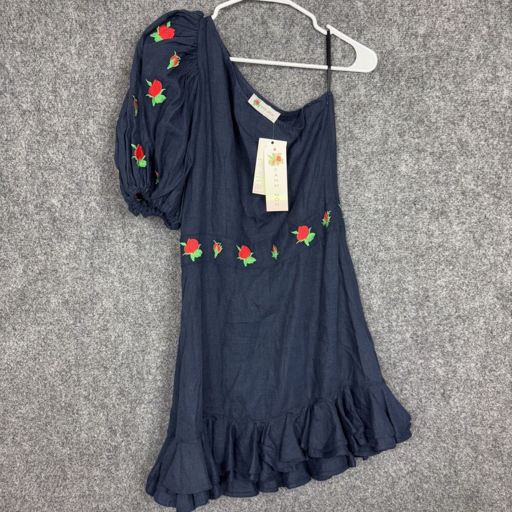 FANM MON Flame Dress Womens Size S Blue Indigo Mini Poplin Floral Embroidery
